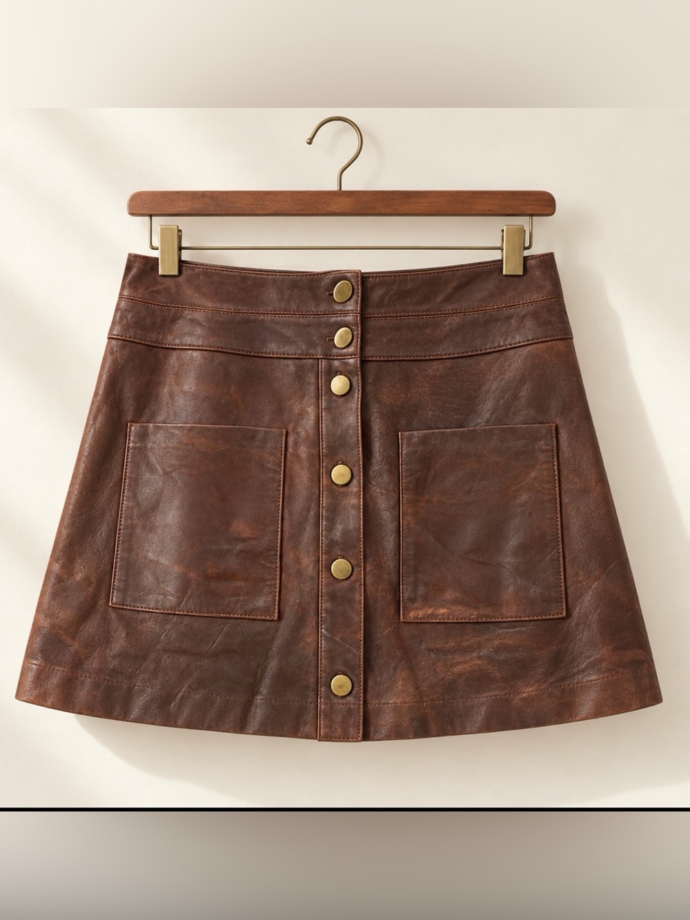 Veronica Beard Leather Mini Skirt Size 10 Brown Button Front